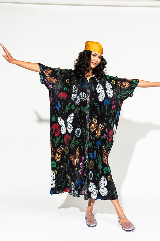 LALA ORIGINAL: So Far So Good Oversized Plissé Dress in Folklore Florals - Dressed in Lala