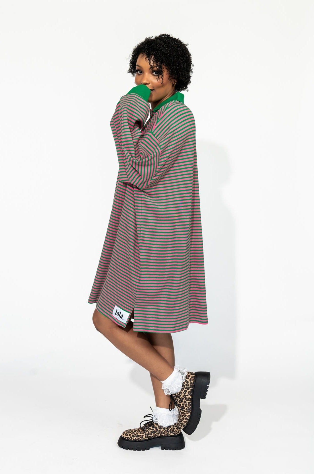 Lalaland University Oversized Polo Mini Dress in Watermelon Stripes - Dressed in Lala