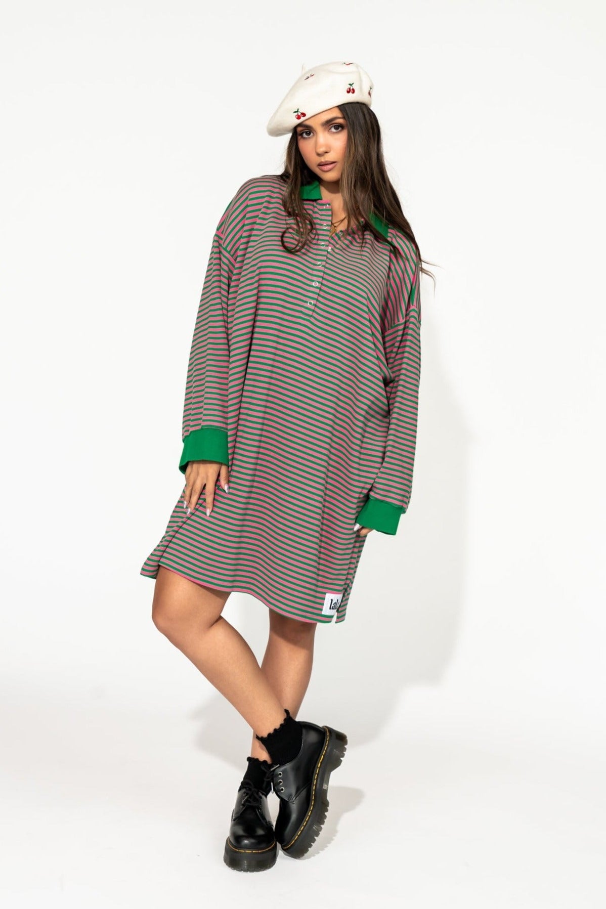 Lalaland University Oversized Polo Mini Dress in Watermelon Stripes L/XL Lalaland University Oversized Polo Mini Dress in Watermelon Stripes L/XL