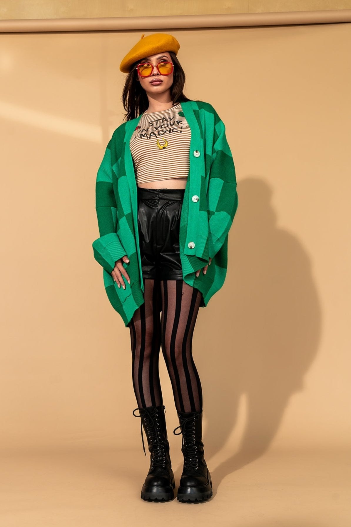 Love You Oversized Checkerboard Cardigan in Green Girl - Dressed in Lala