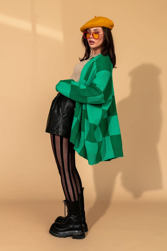 Love You Oversized Checkerboard Cardigan in Green Girl - Dressed in Lala