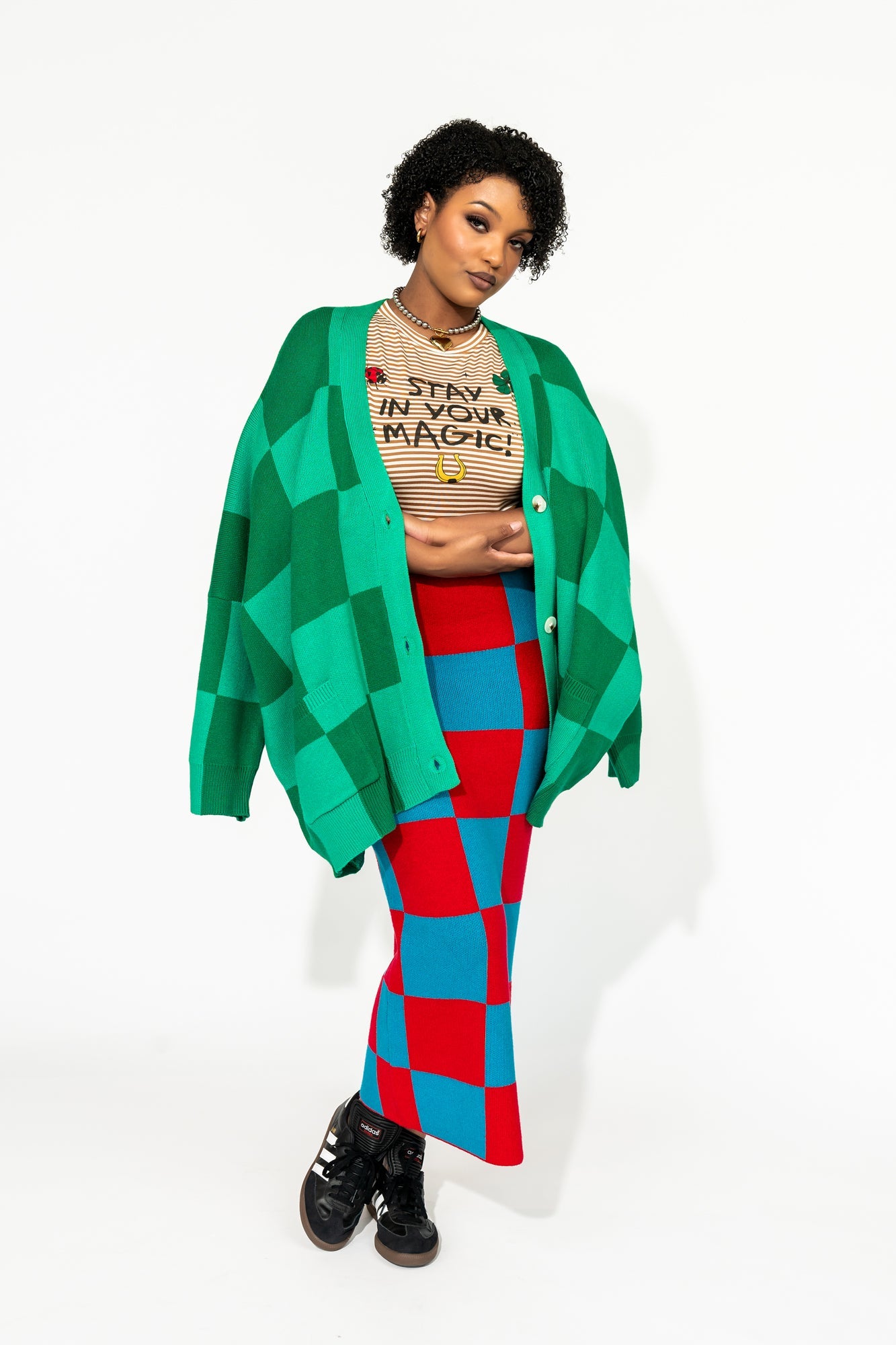 Love You Oversized Checkerboard Cardigan in Green Girl - Dressed in Lala