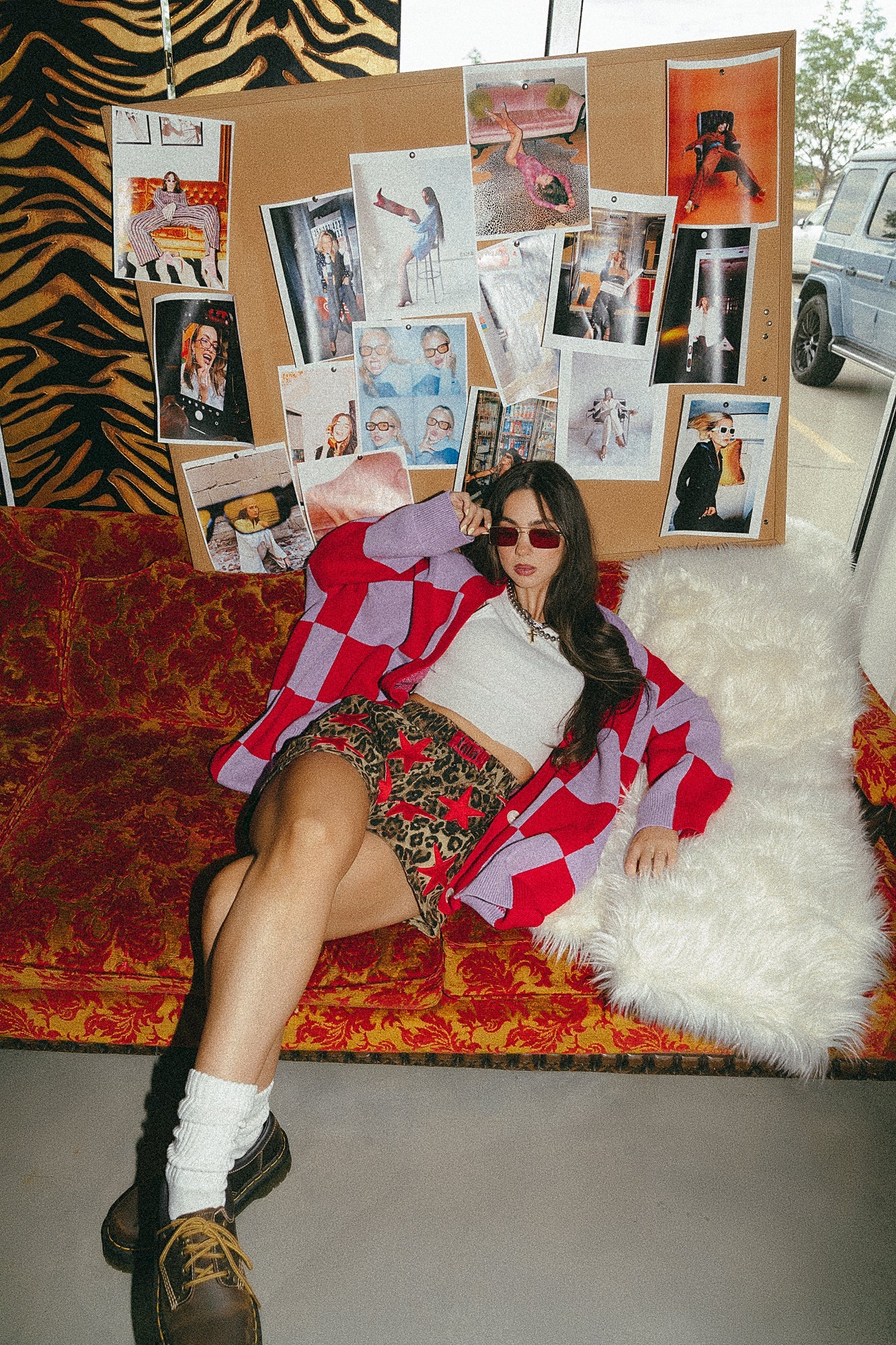 Love You Oversized Checkerboard Cardigan in Red + Lavender - Dressed in Lala