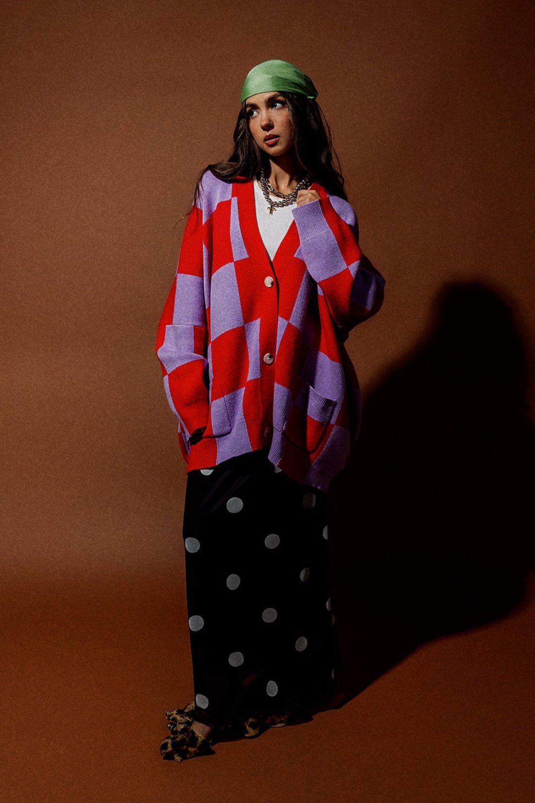 Love You Oversized Checkerboard Cardigan in Red + Lavender - Dressed in Lala