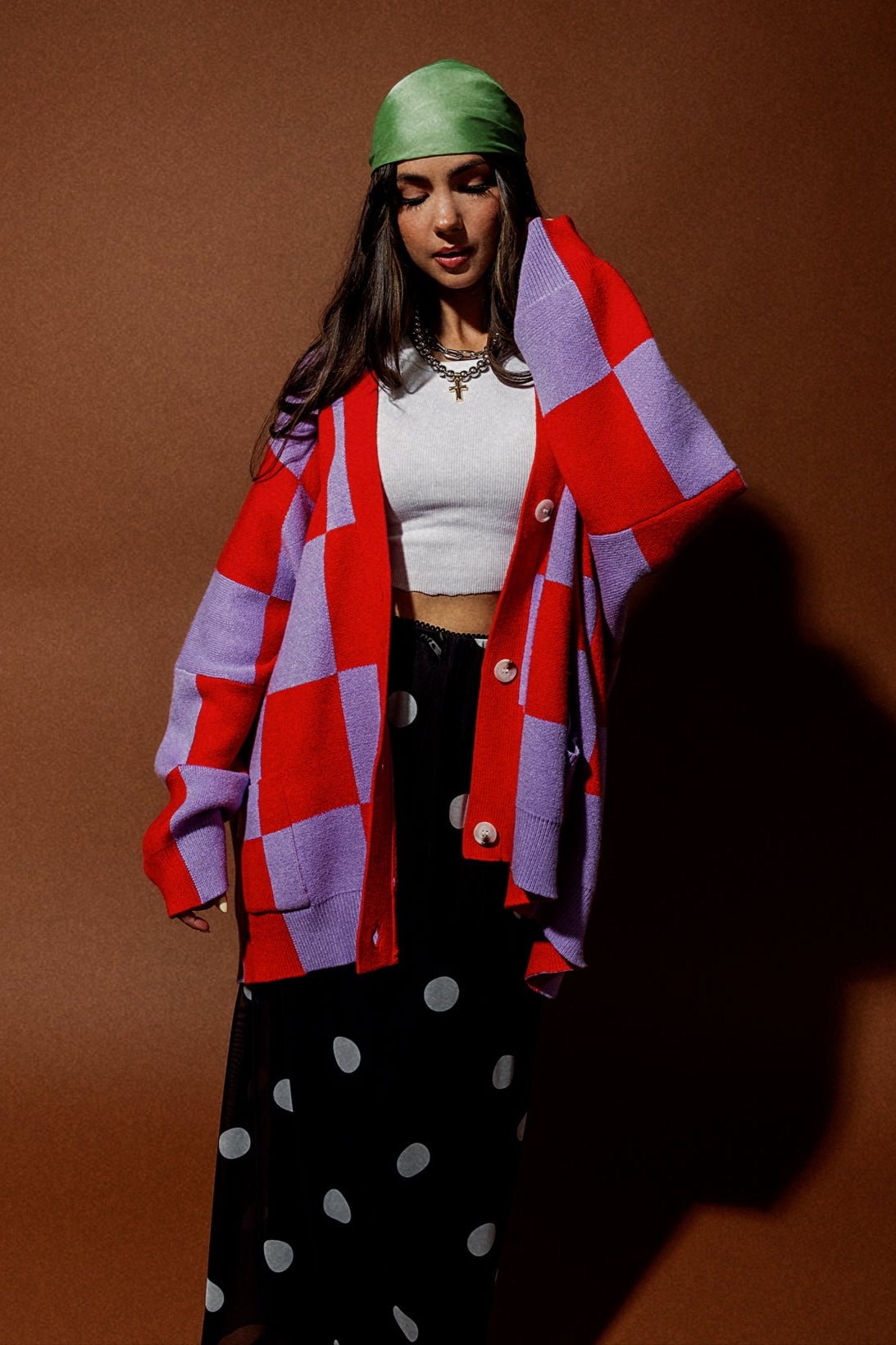 Love You Oversized Checkerboard Cardigan in Red + Lavender - Dressed in Lala