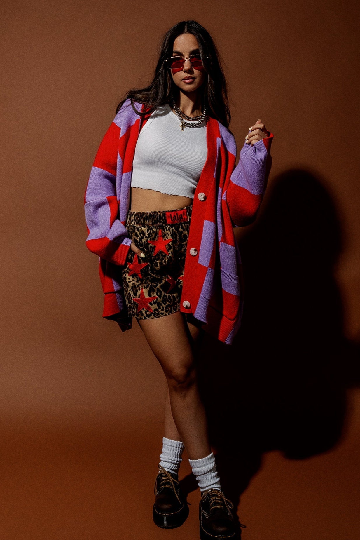 Love You Oversized Checkerboard Cardigan in Red + Lavender - Dressed in Lala