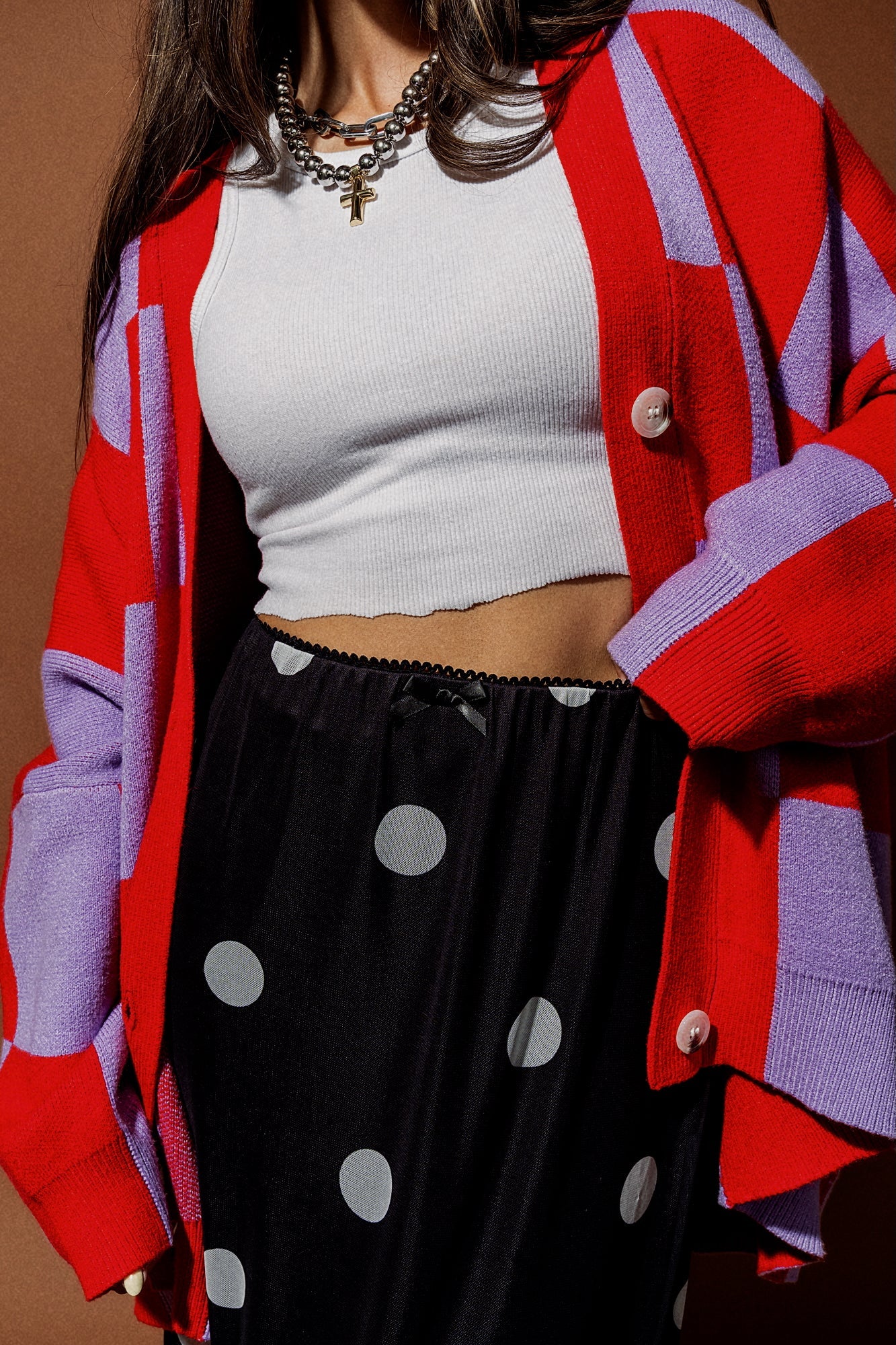 Love You Oversized Checkerboard Cardigan in Red + Lavender - Dressed in Lala