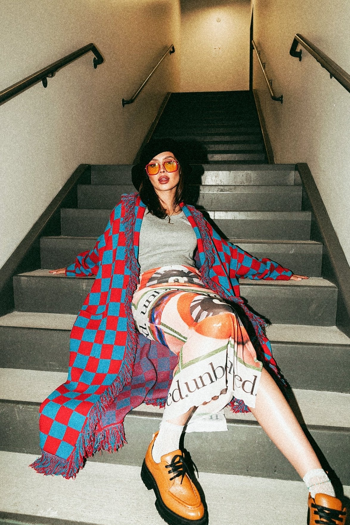 Luxe Fringe Blanket Cardigan in American Honey Checkerboard - Dressed in Lala