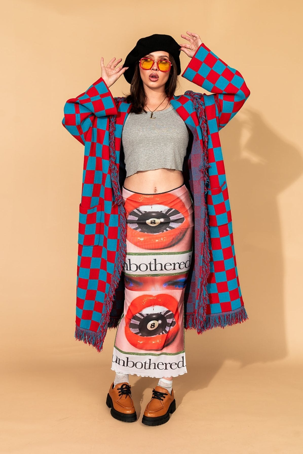 Luxe Fringe Blanket Cardigan in American Honey Checkerboard - Dressed in Lala