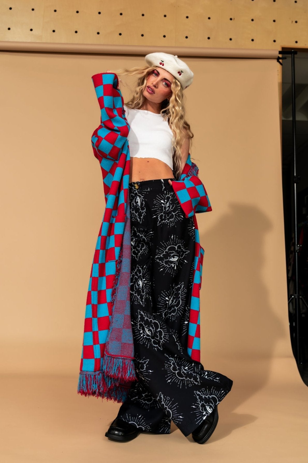 Luxe Fringe Blanket Cardigan in American Honey Checkerboard - Dressed in Lala