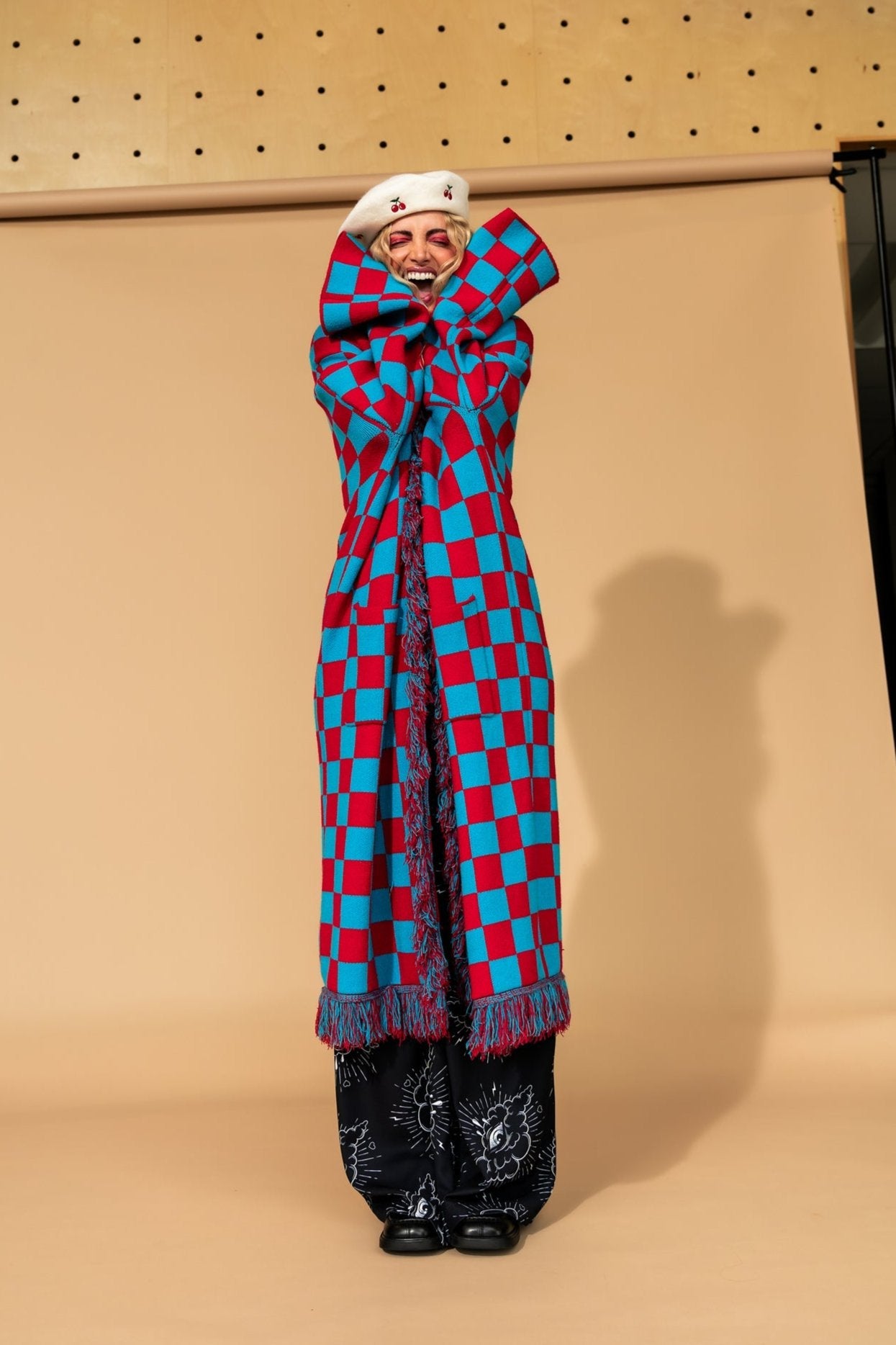 Luxe Fringe Blanket Cardigan in American Honey Checkerboard - Dressed in Lala