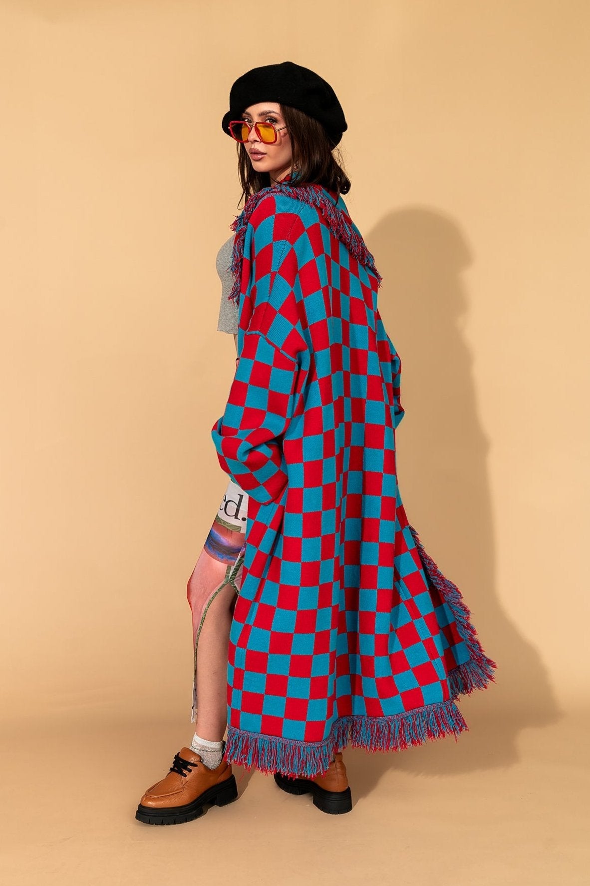 Luxe Fringe Blanket Cardigan in American Honey Checkerboard - Dressed in Lala