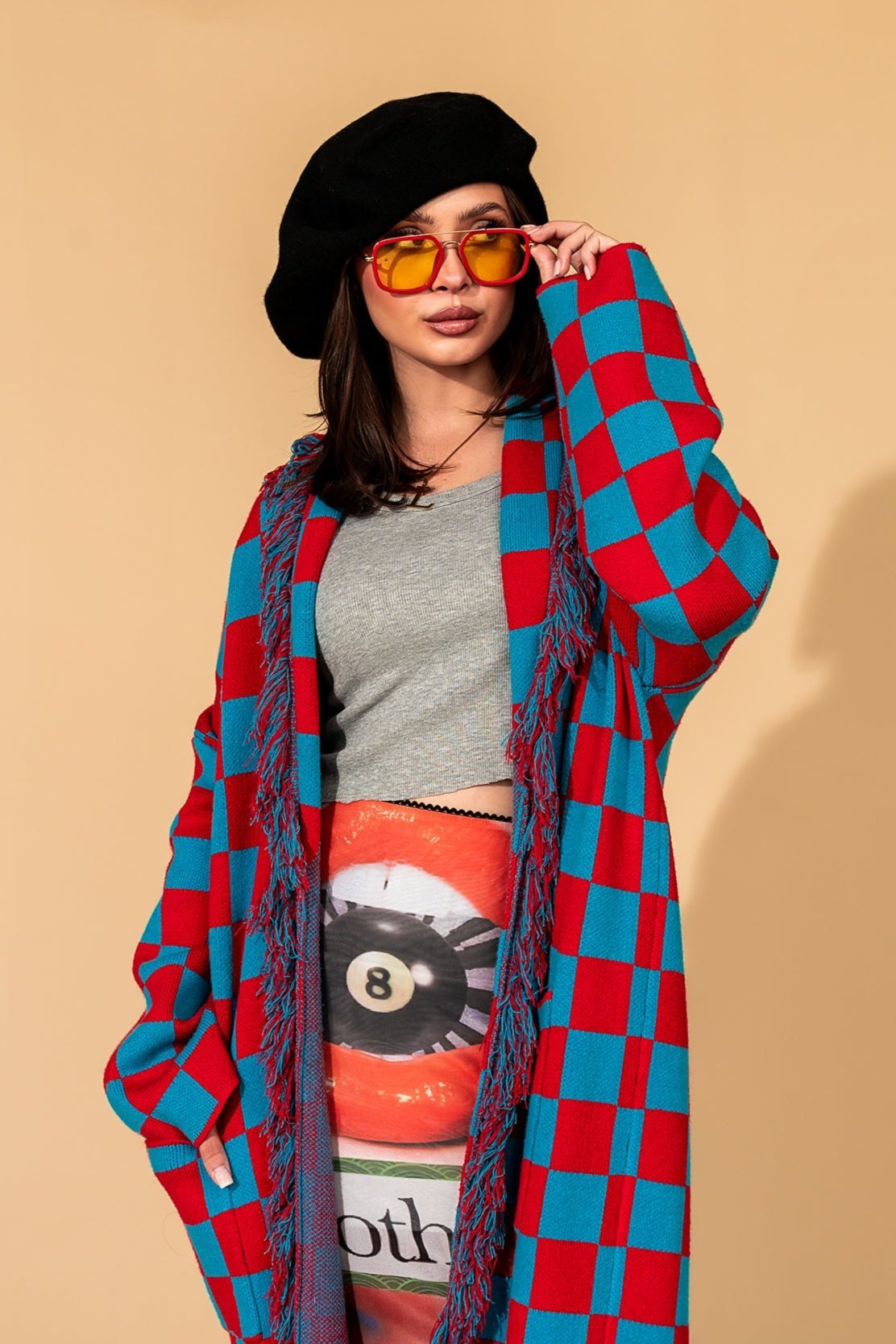 Luxe Fringe Blanket Cardigan in American Honey Checkerboard - Dressed in Lala