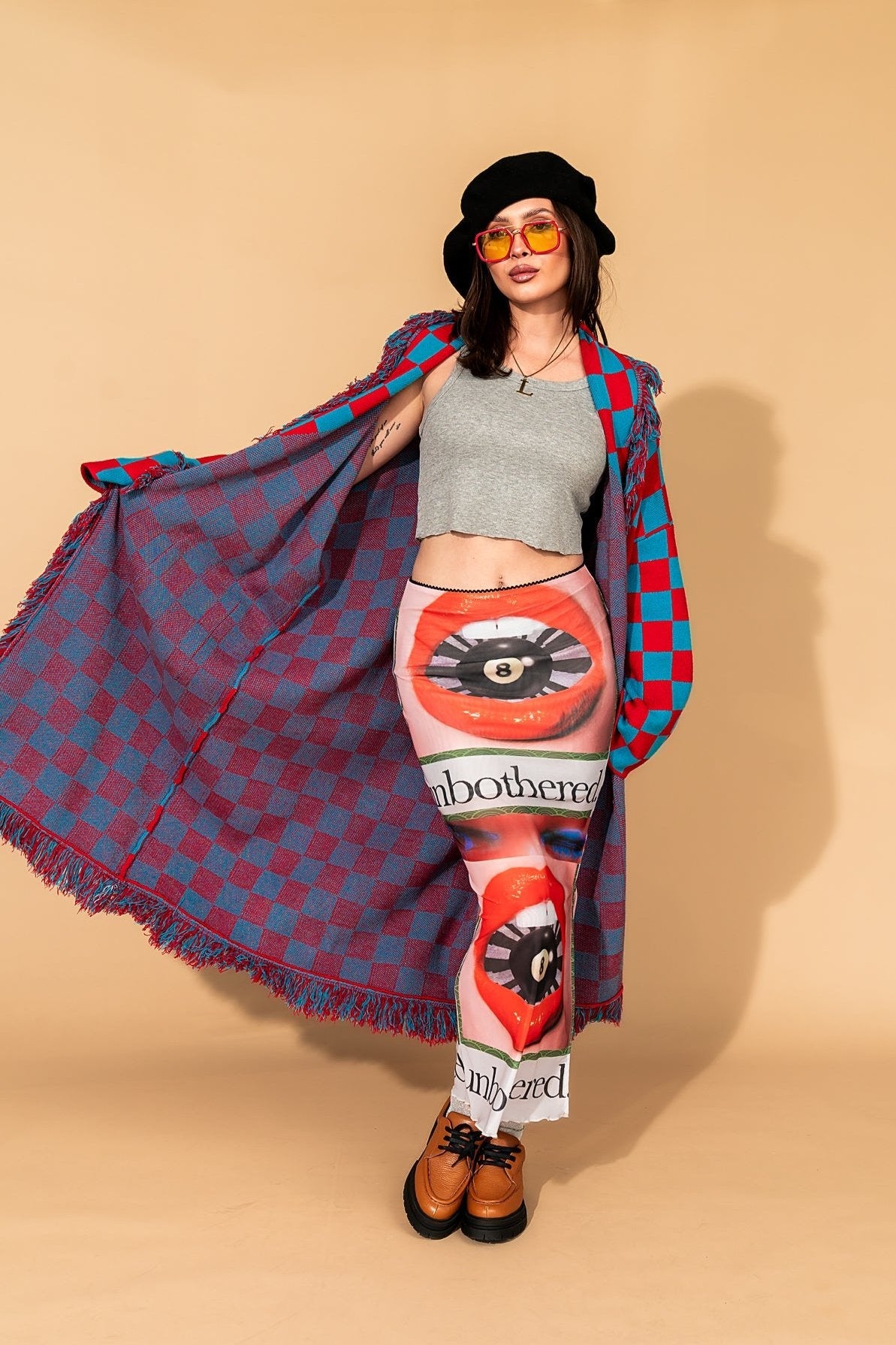 Luxe Fringe Blanket Cardigan in American Honey Checkerboard - Dressed in Lala