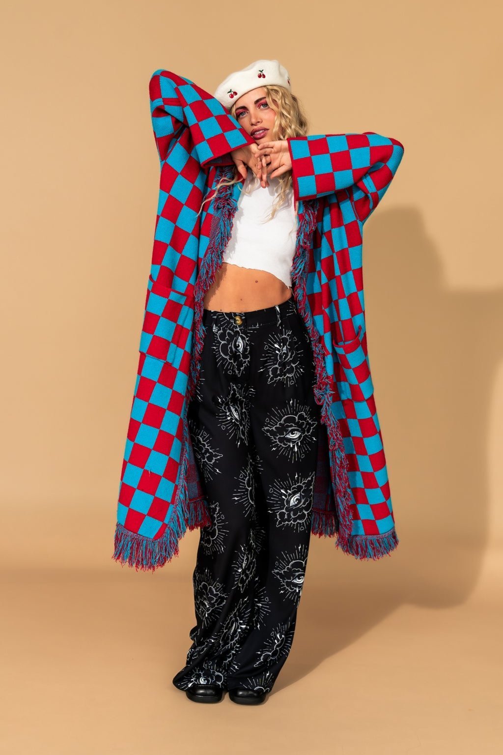 Luxe Fringe Blanket Cardigan in American Honey Checkerboard - Dressed in Lala