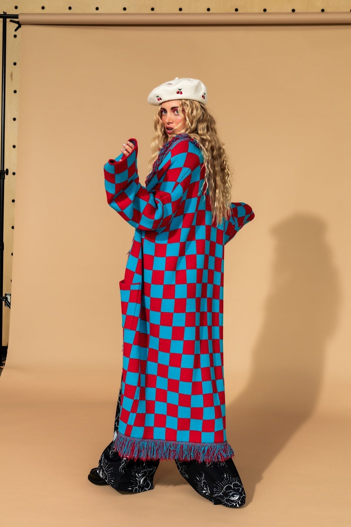 Luxe Fringe Blanket Cardigan in American Honey Checkerboard - Dressed in Lala