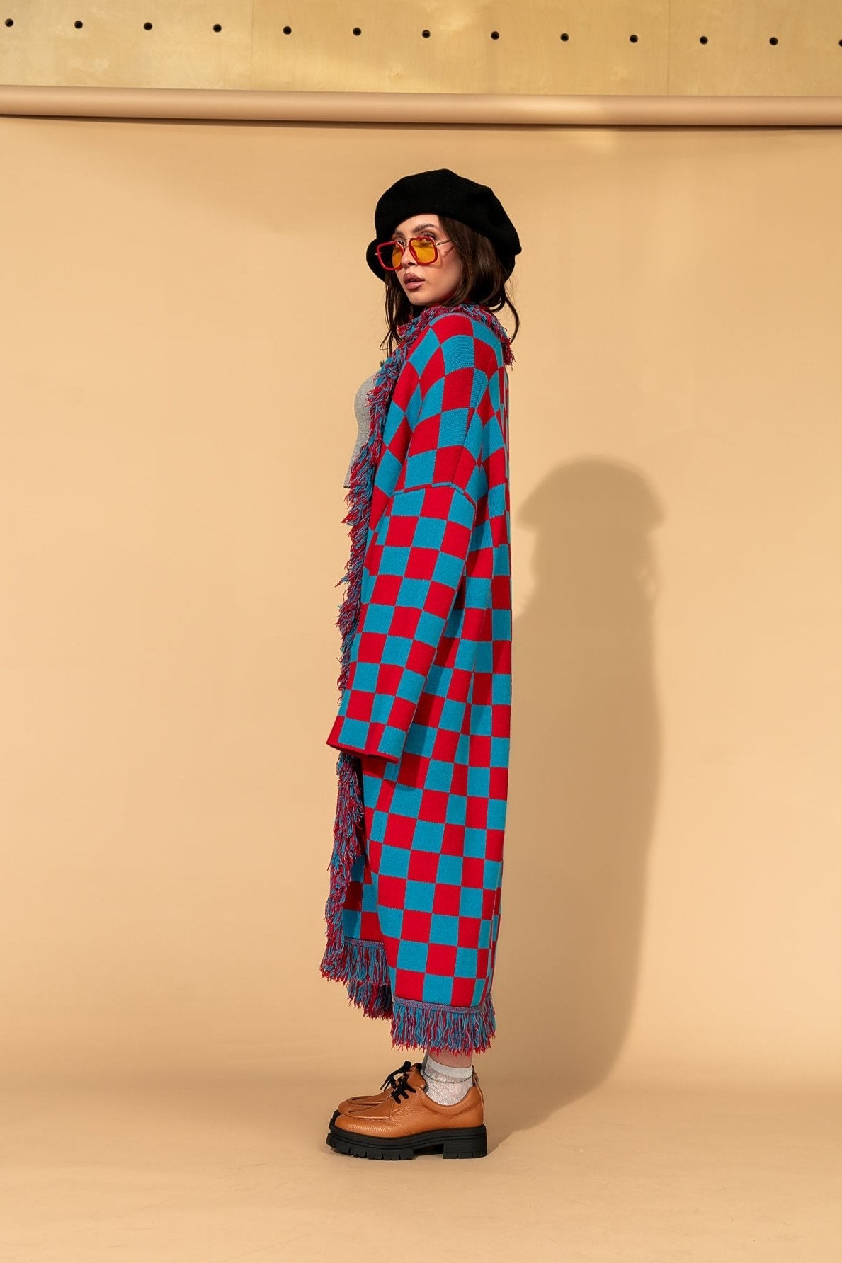 Luxe Fringe Blanket Cardigan in American Honey Checkerboard - Dressed in Lala