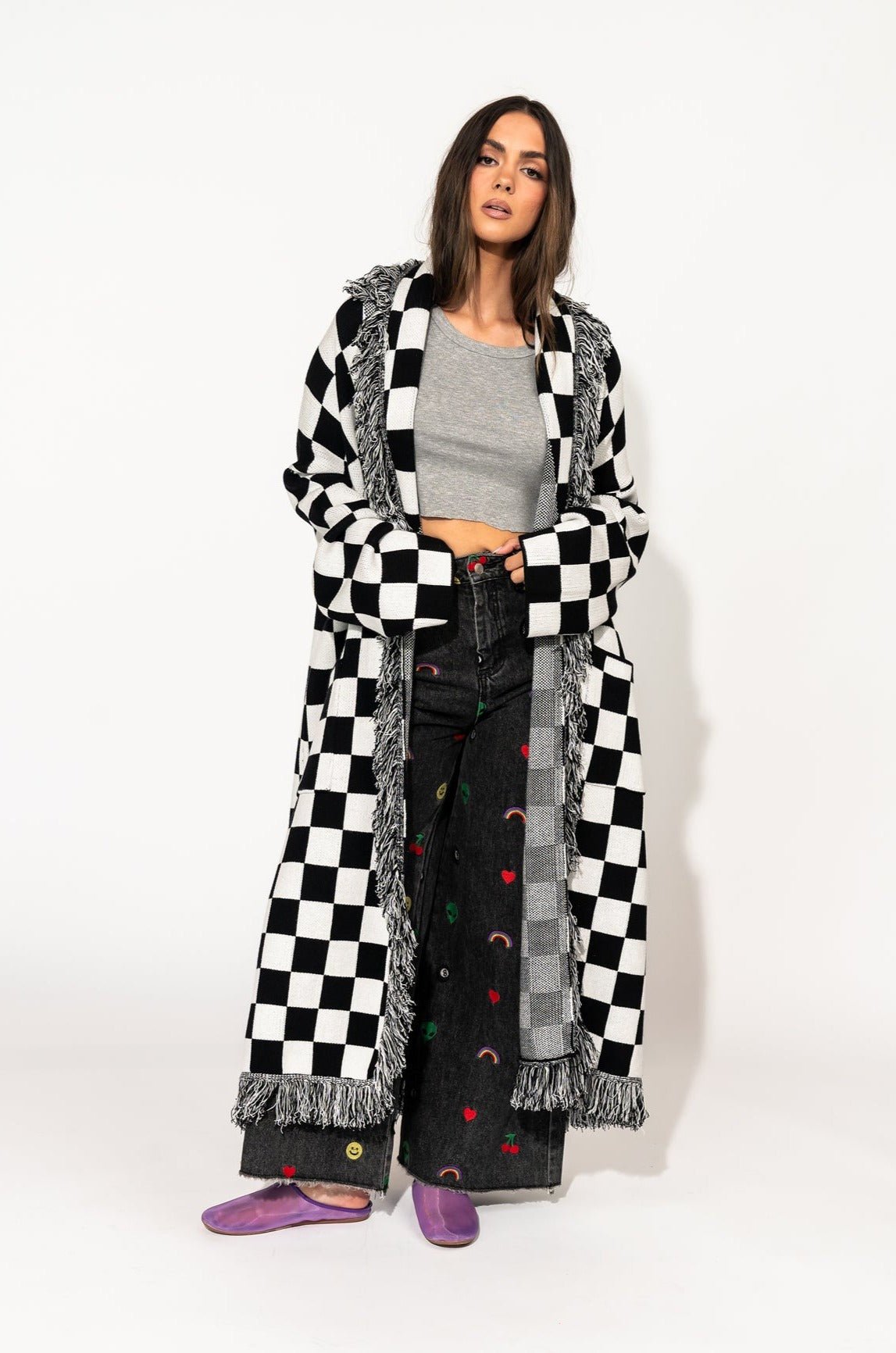 Luxe Fringe Blanket Cardigan in Black + White Check - Dressed in Lala