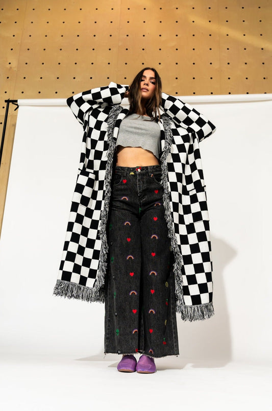 Luxe Fringe Blanket Cardigan in Black + White Check - Dressed in Lala