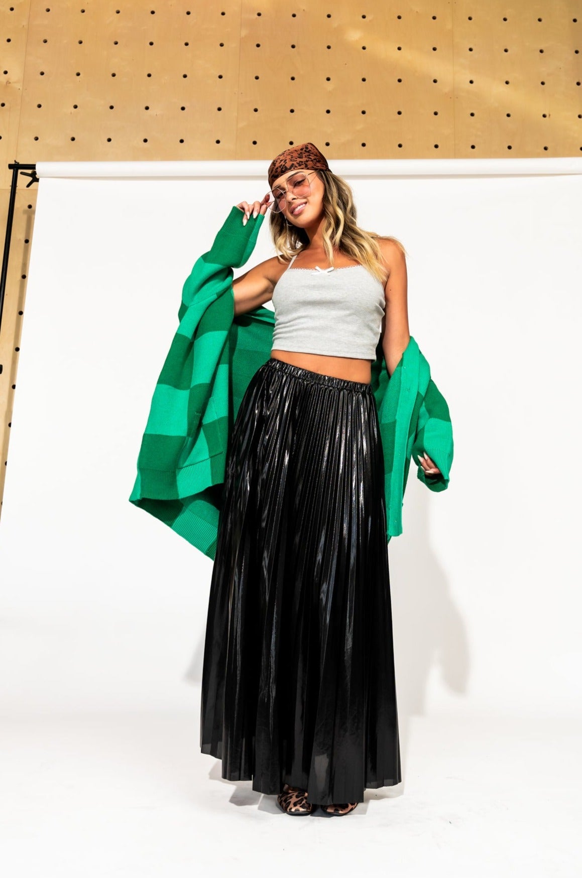 Metallic Pleated Midi Skirt in Midnight Black - Dressed in Lala