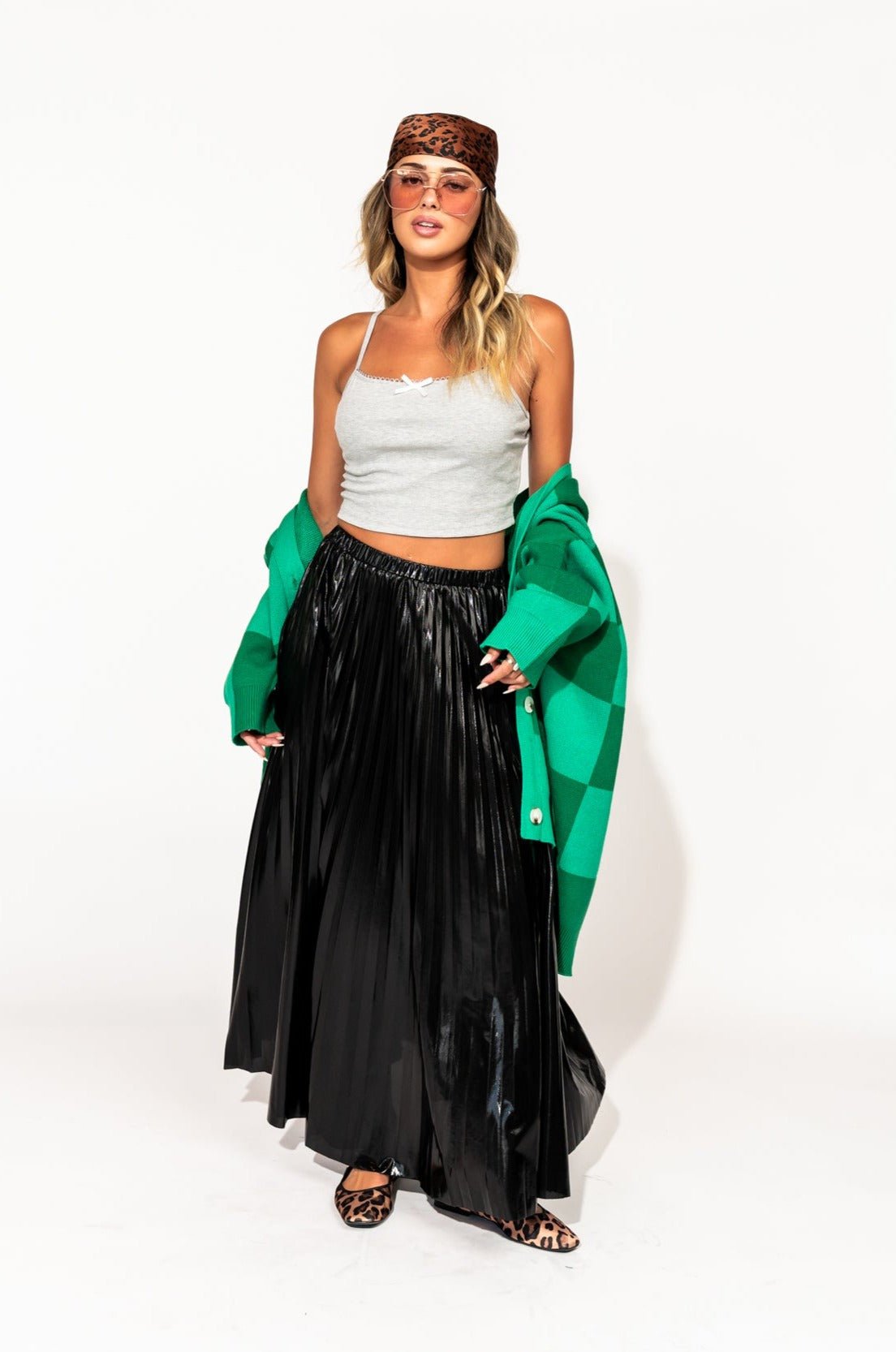 Metallic Pleated Midi Skirt in Midnight Black - Dressed in Lala