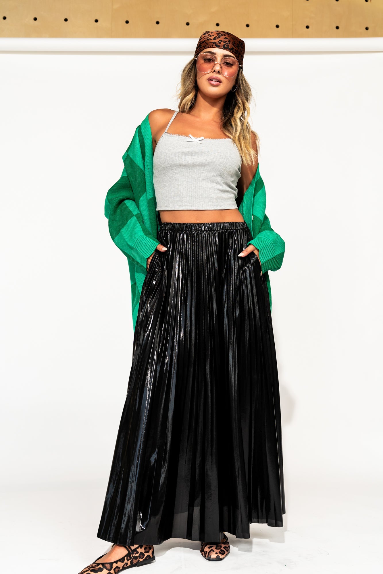 Metallic Pleated Midi Skirt in Midnight Black - Dressed in Lala