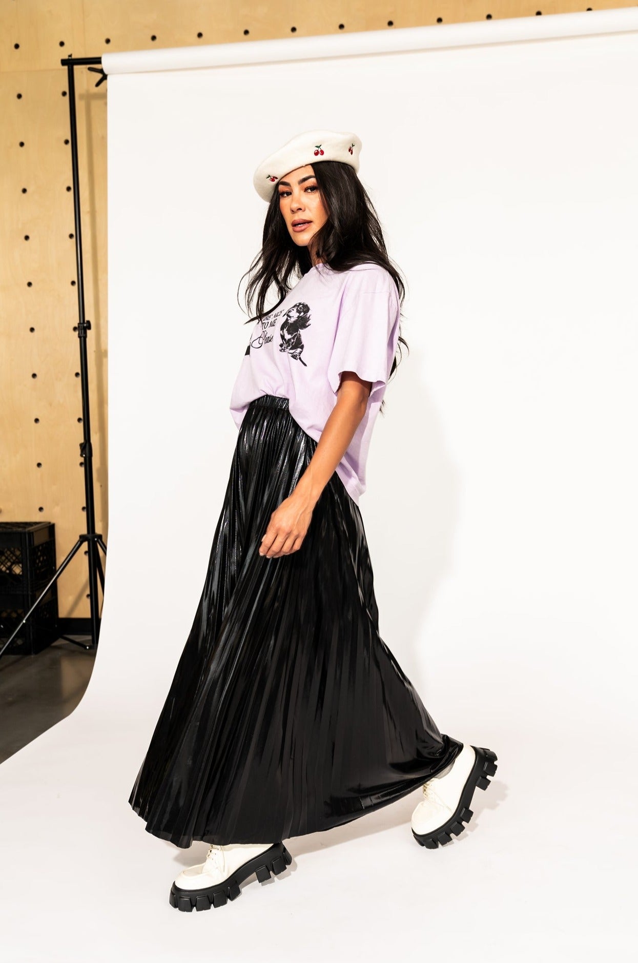 Metallic Pleated Midi Skirt in Midnight Black - Dressed in Lala