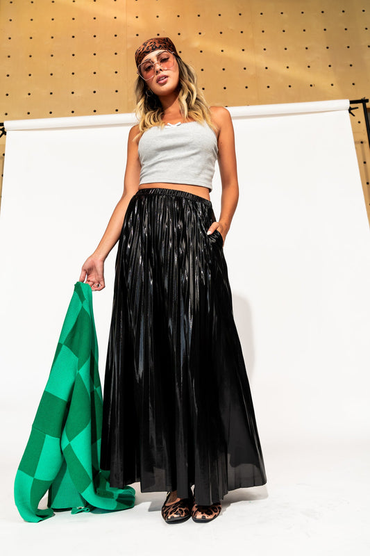 Metallic Pleated Midi Skirt in Midnight Black - Dressed in Lala