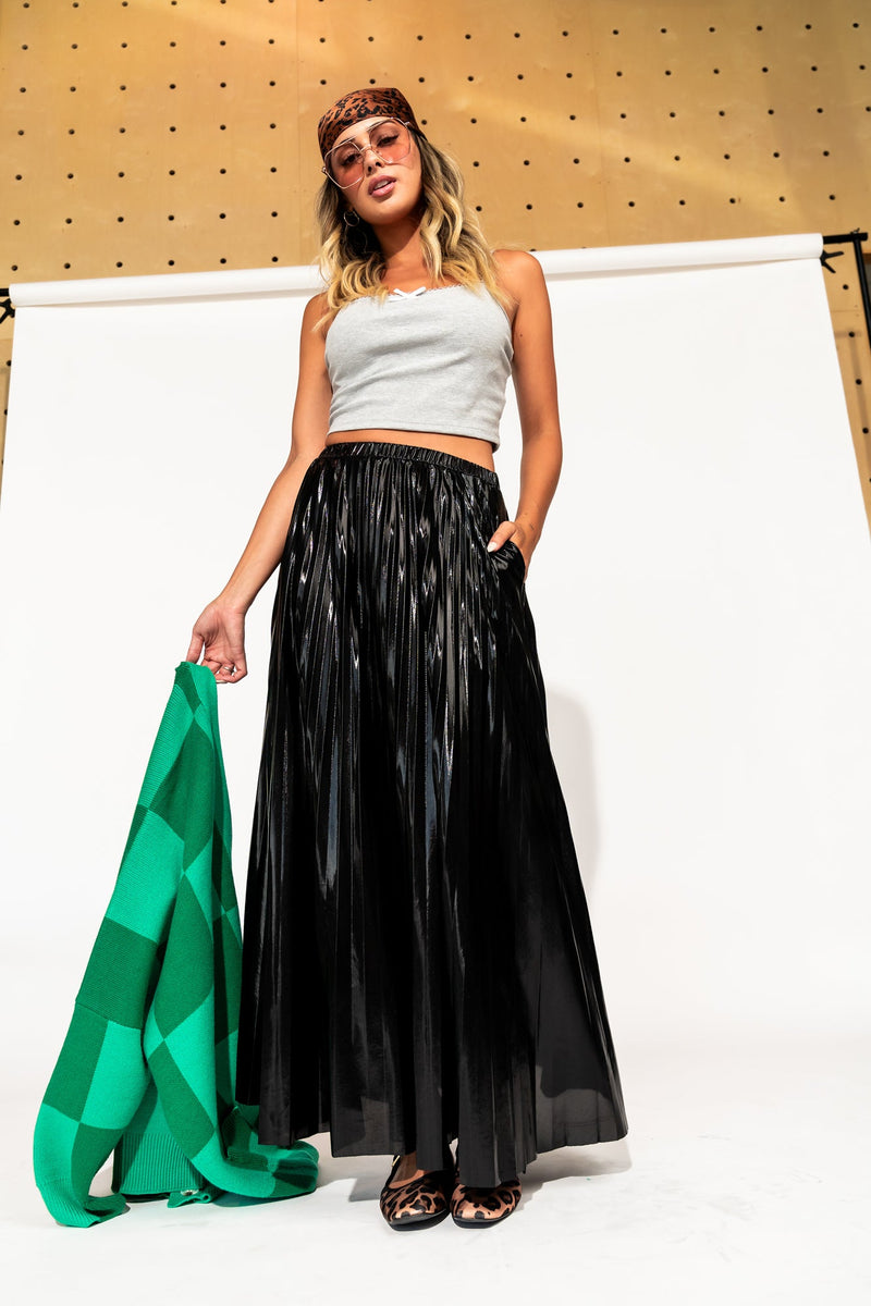 Women's Pleated Black Midi Skirt with Subtle Pearl Accents