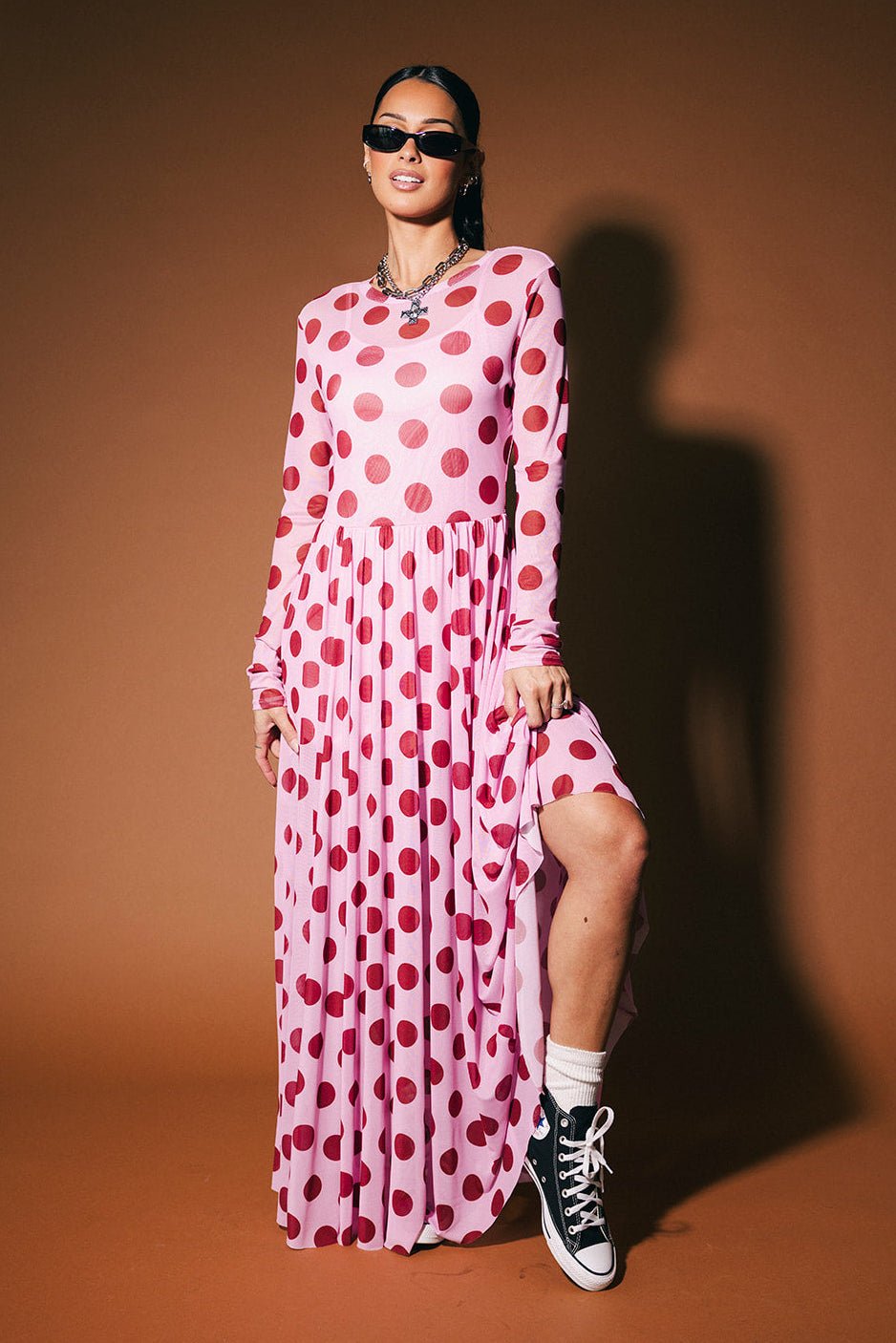 More You Mesh Maxi Dress in Pink Polka Dot XS More You Mesh Maxi Dress in Pink Polka Dot XS
