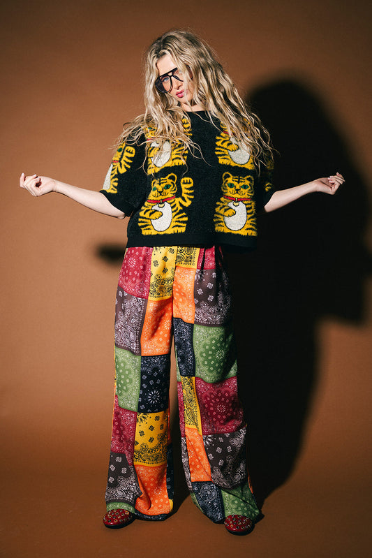 Person wearing a colorful outfit with a patterned sweater and wide-leg pants against a brown background