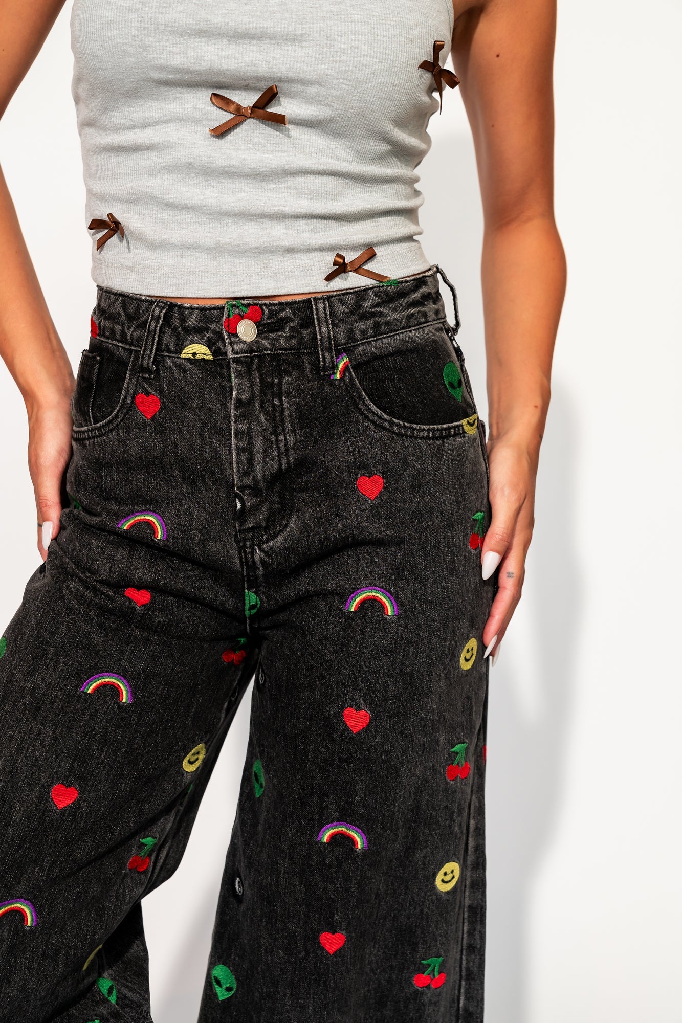Rare Embroidered Wide Leg Denim in Happy Thoughts - Dressed in Lala