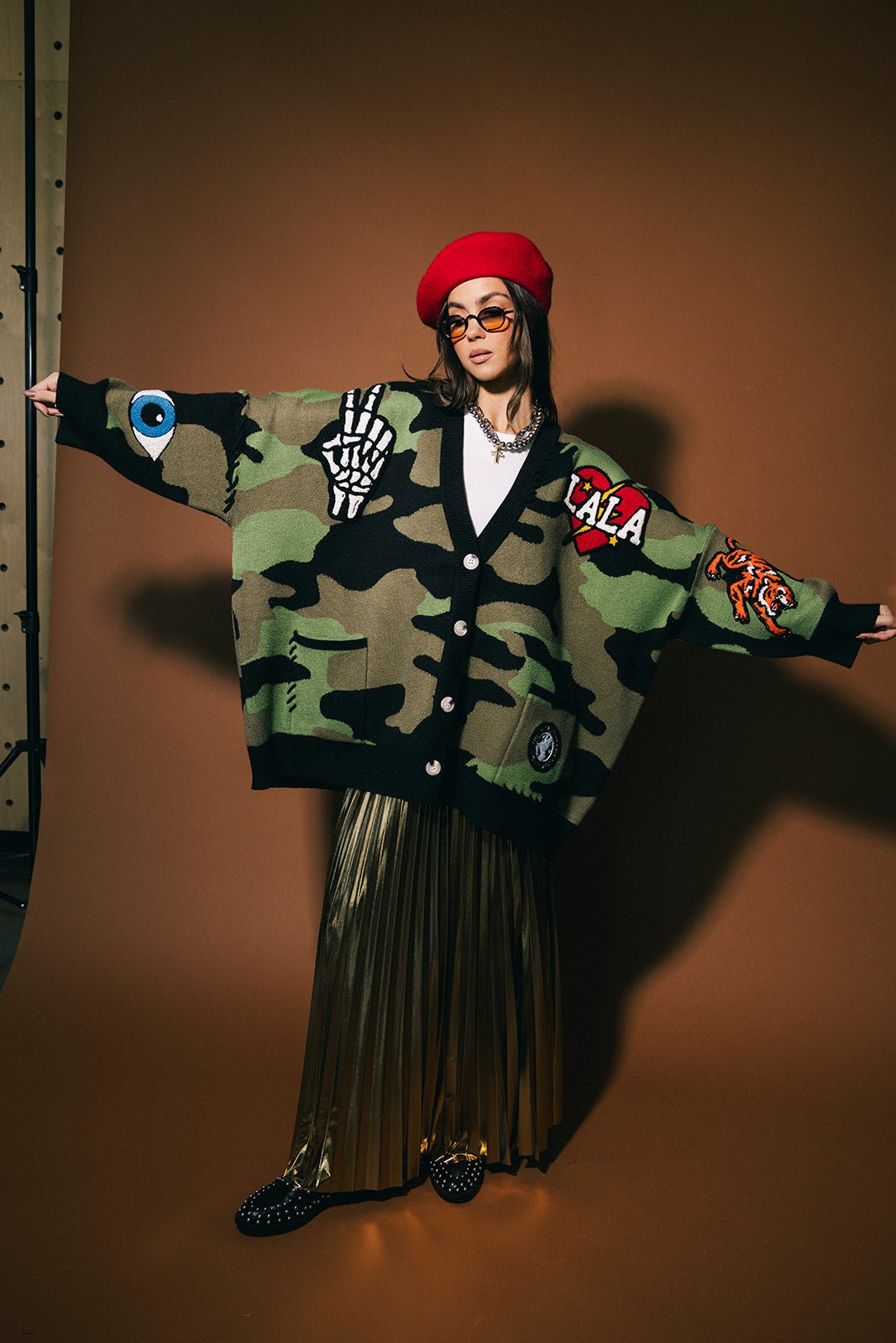 Rebel Heart Patched Oversized Camo Cardigan - Dressed in Lala