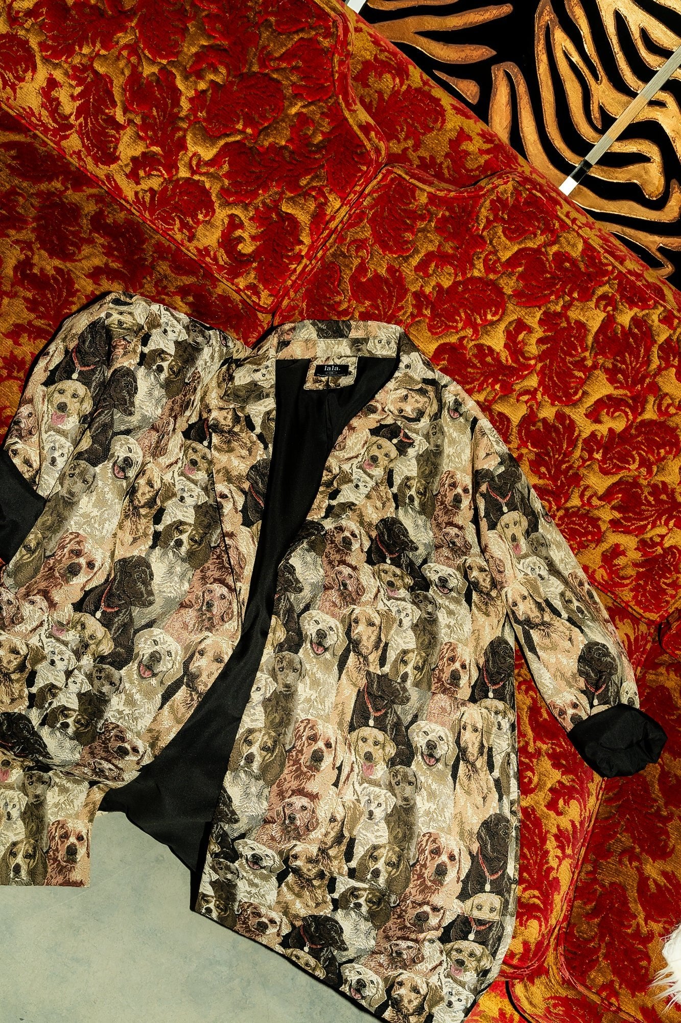 Scorpio Coat in Sit Stay Slay Doggy Jacquard - Dressed in Lala