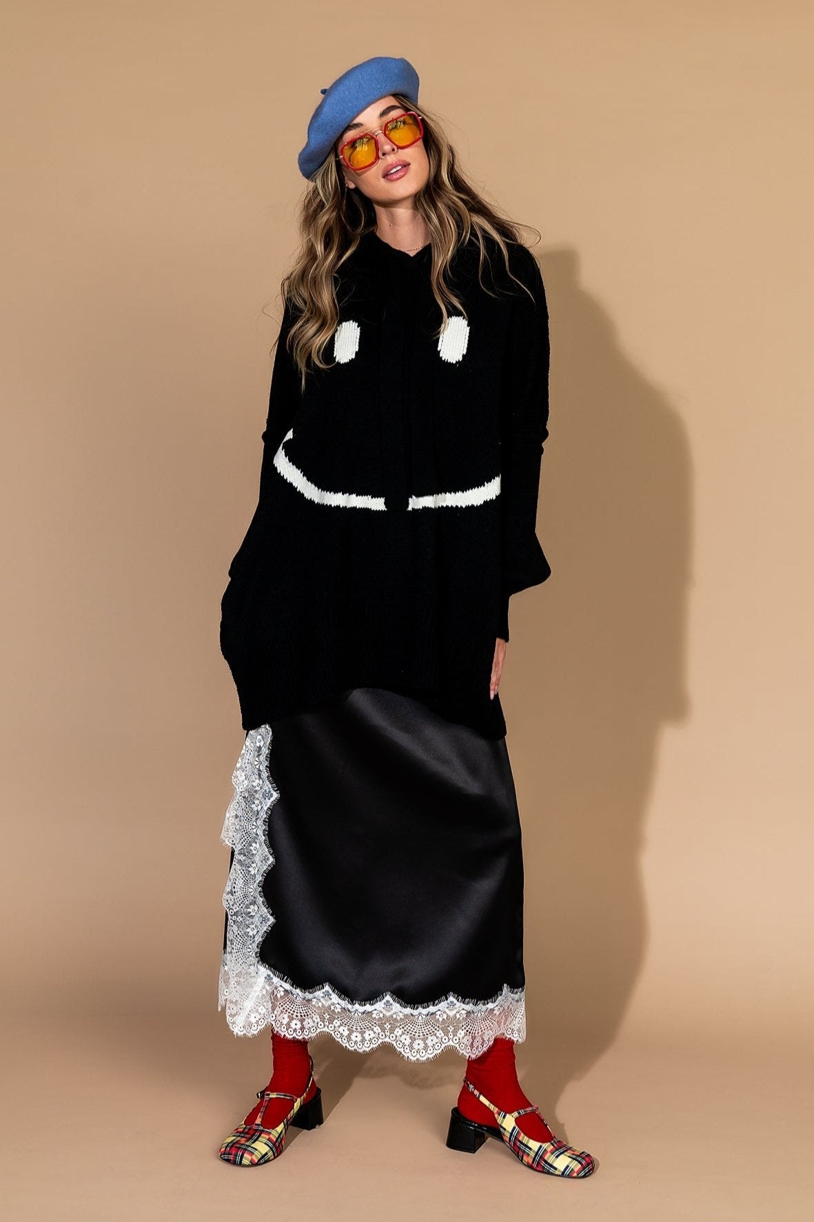 Serotonin Smile Oversized Knit Hoodie in Black - Dressed in Lala