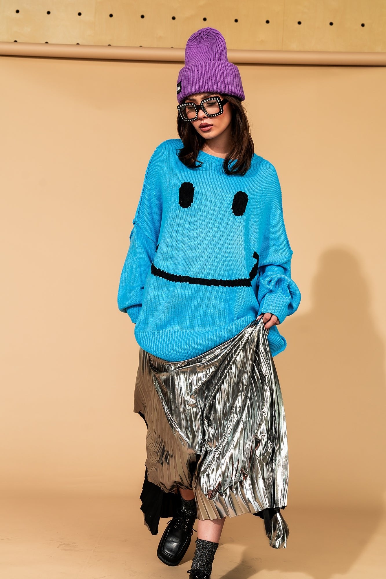 Serotonin Smile Oversized Knit in Blue - Dressed in Lala