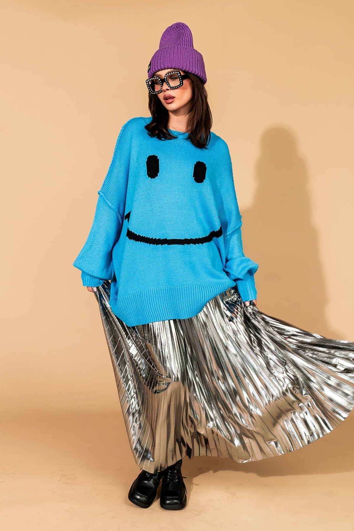 Serotonin Smile Oversized Knit in Blue - Dressed in Lala