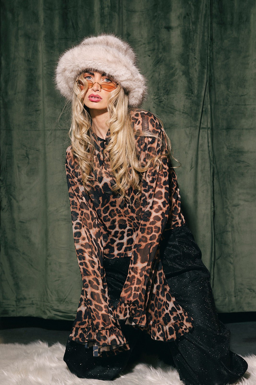 GREED☆Leopard Jacquard Flared Blouse Leopard Crop Flounce Sleeve Blouse - Dressed in Lala Original