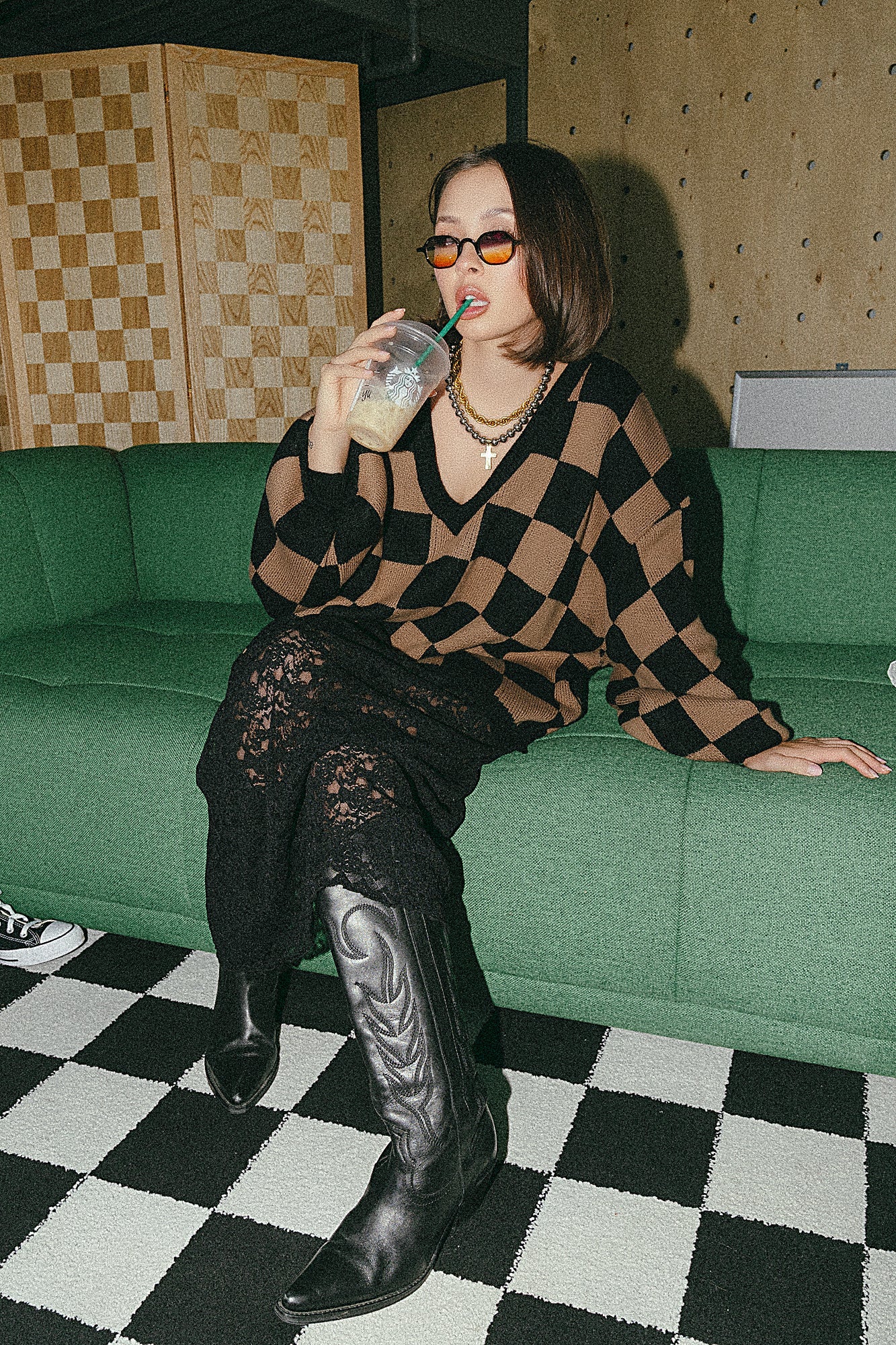 So Money Oversized Checkerboard Knit in Black + Mocha - Dressed in Lala