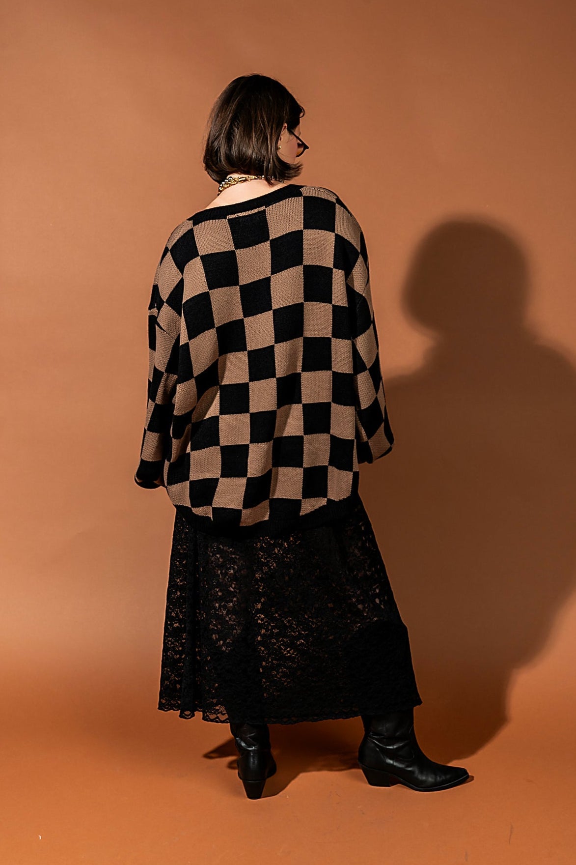 So Money Oversized Checkerboard Knit in Black + Mocha - Dressed in Lala
