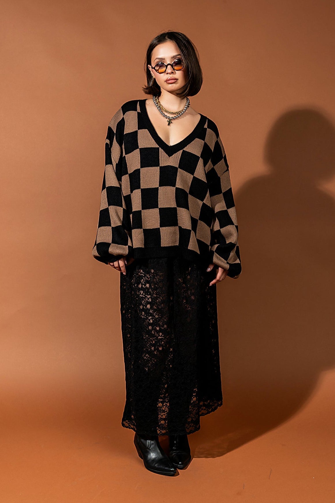 So Money Oversized Checkerboard Knit in Black + Mocha - Dressed in Lala