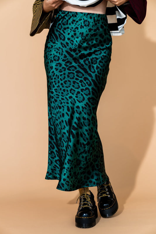 Supernova Bias Satin Skirt in Emerald Leopard - Dressed in Lala