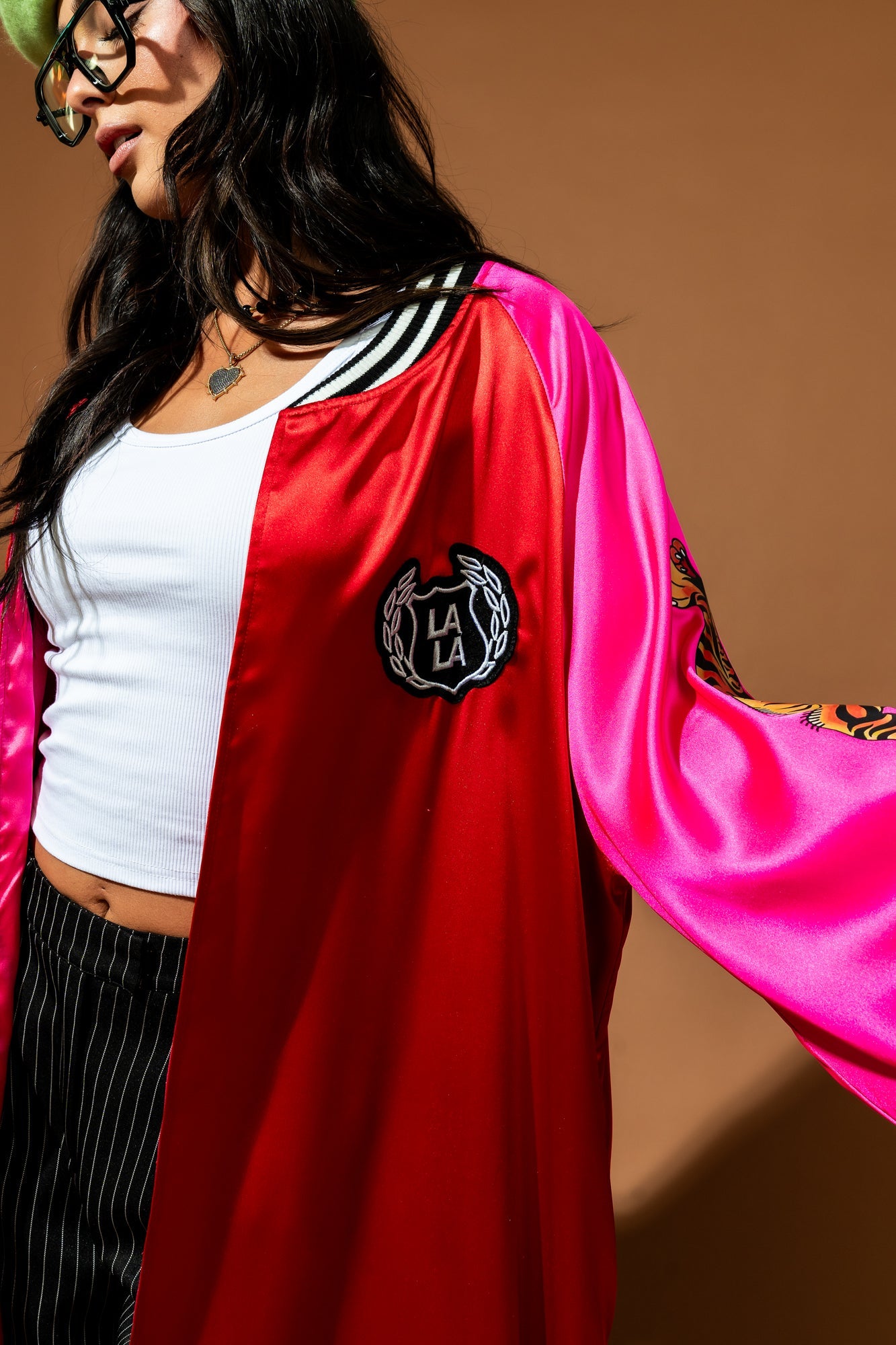 Take Up Space Kimono Bomber in Red + Pink - Dressed in Lala