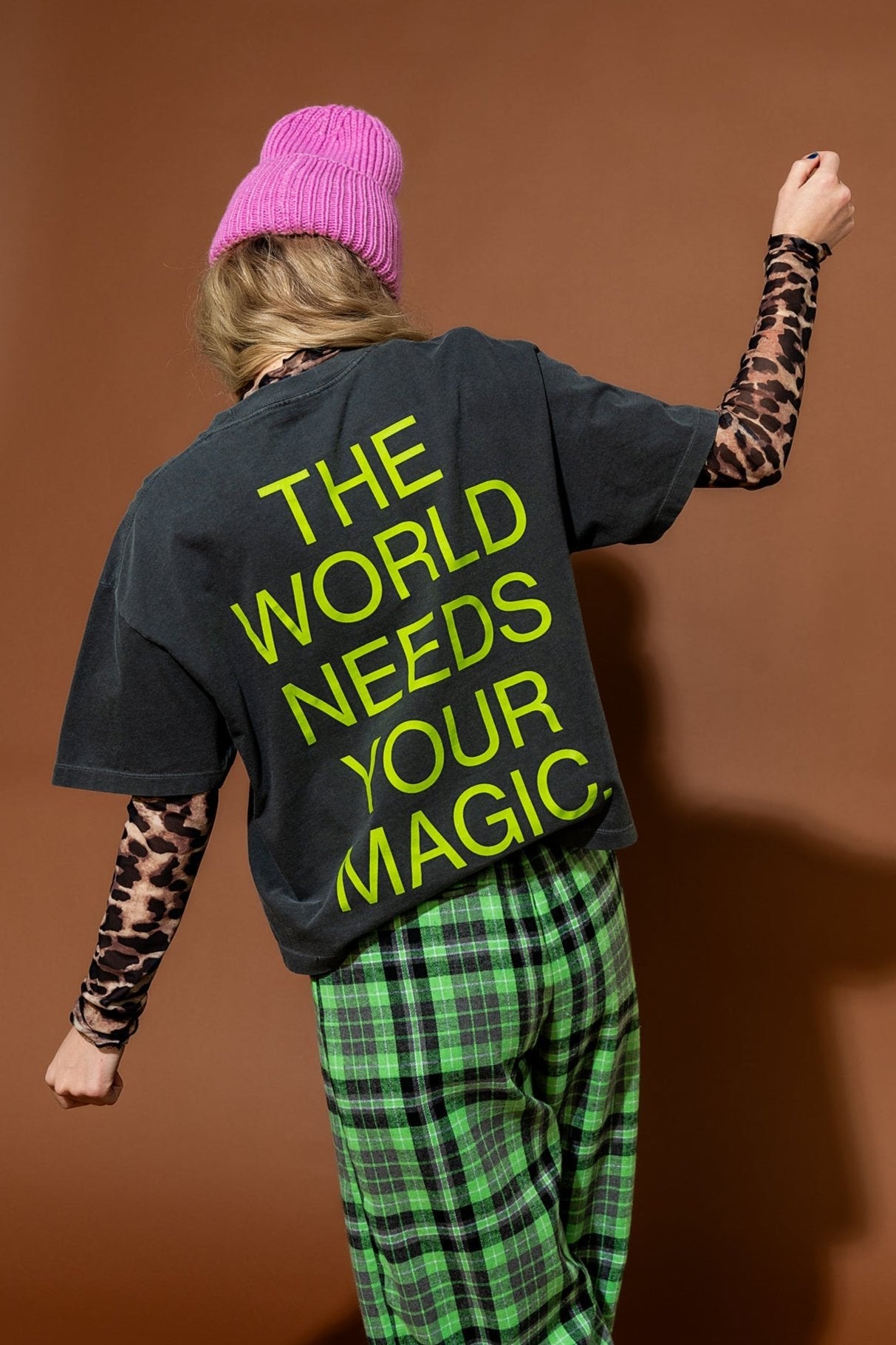 The World Needs Your Magic Crop Tee in Vintage Charcoal + Neon - Dressed in Lala