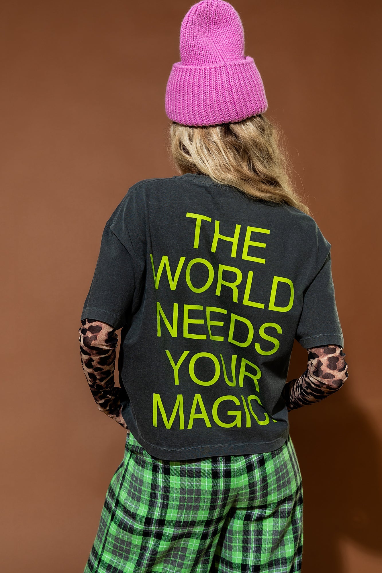 The World Needs Your Magic Crop Tee in Vintage Charcoal + Neon - Dressed in Lala