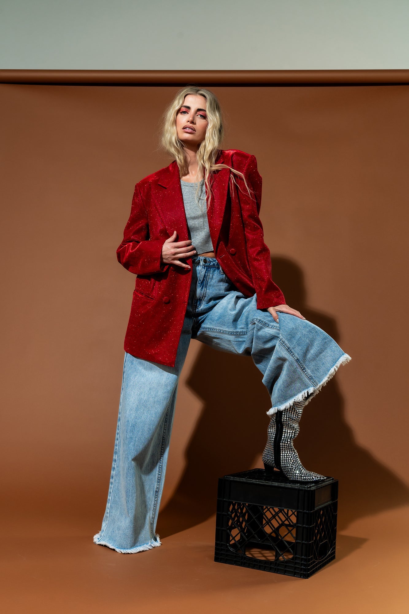 To The Disco Sparkle Boyfriend Blazer in Ruby Red - Dressed in Lala