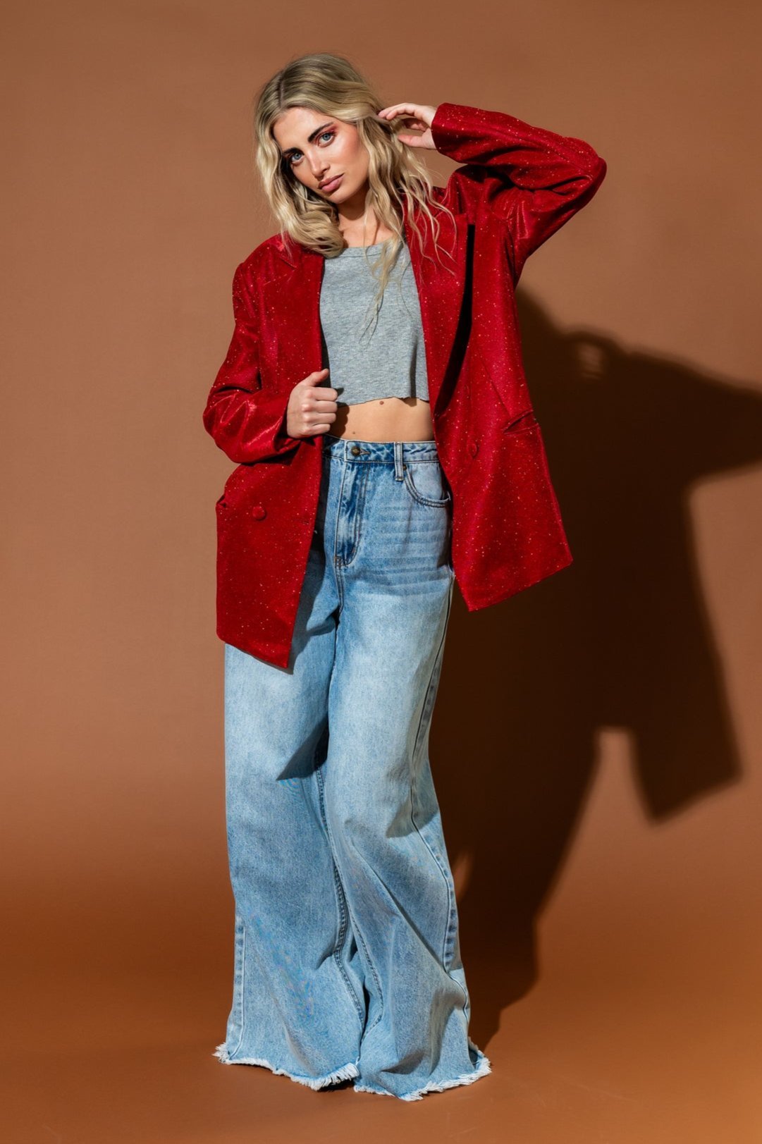 To The Disco Sparkle Boyfriend Blazer in Ruby Red - Dressed in Lala