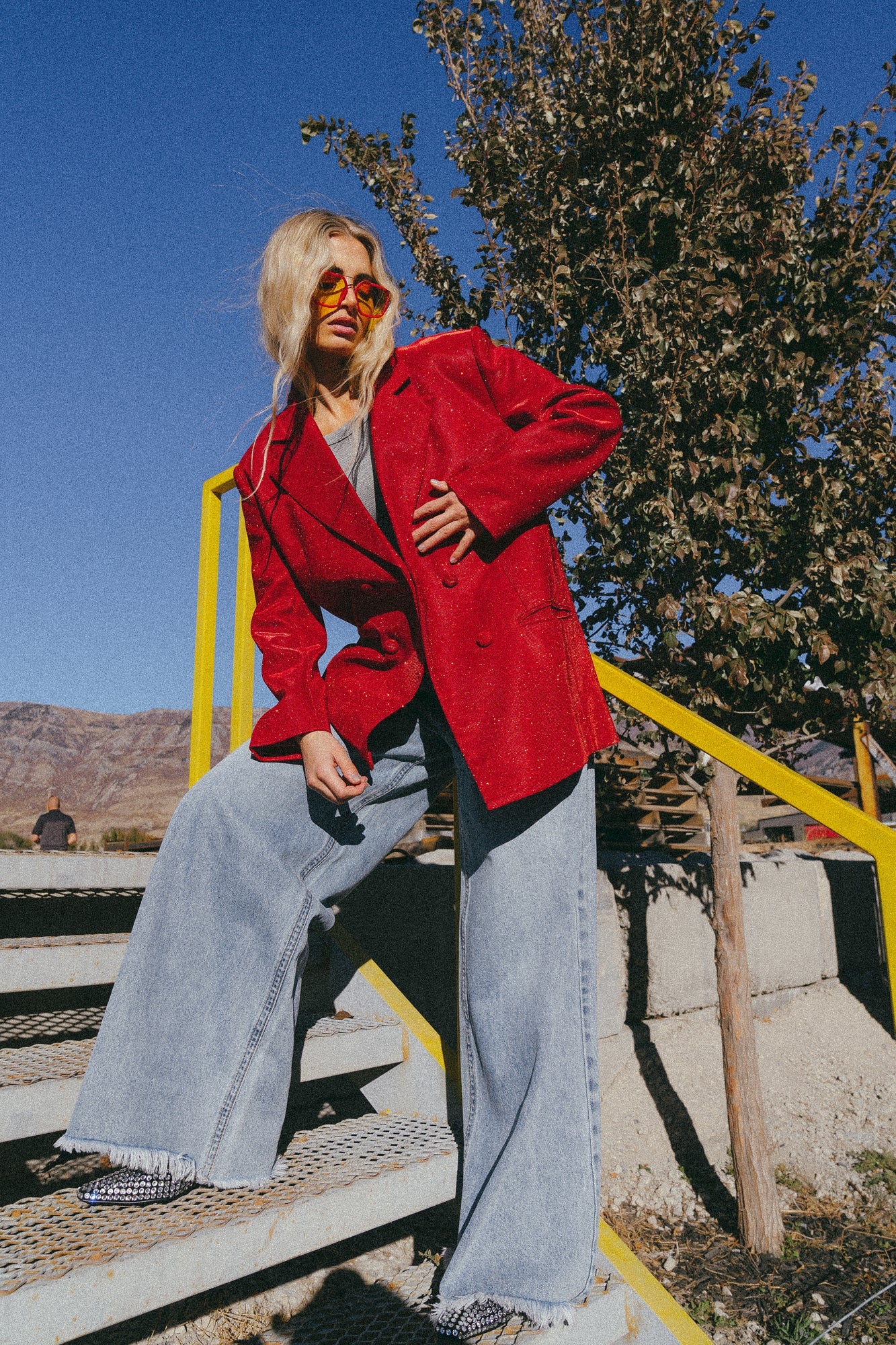 To The Disco Sparkle Boyfriend Blazer in Ruby Red - Dressed in Lala