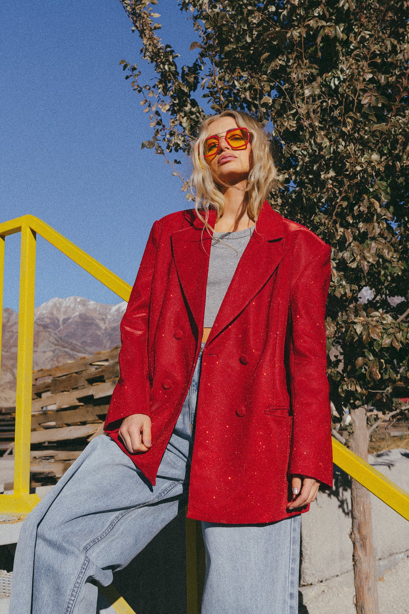 To The Disco Sparkle Boyfriend Blazer in Ruby Red - Dressed in Lala