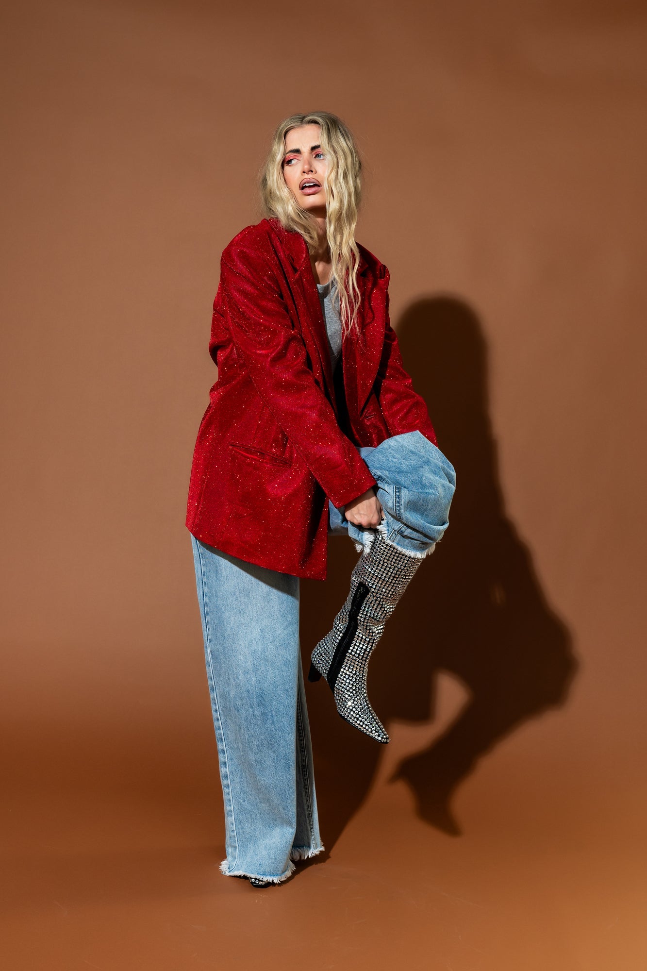 To The Disco Sparkle Boyfriend Blazer in Ruby Red - Dressed in Lala